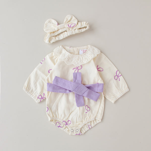 Conjunto pelele lazos con cuello de encaje y diadema lazo - Para bebés reborn de 44 a 52 cm