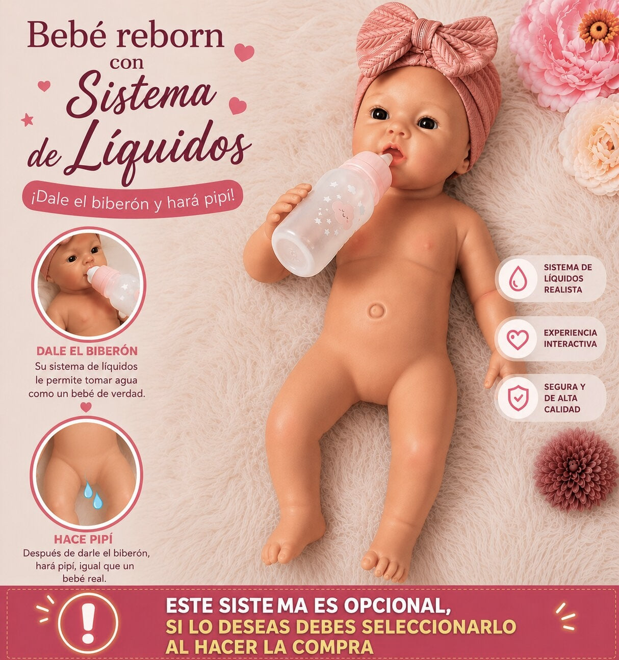 Muñeca reborn silicona Leslie Sistema Liquidos Info